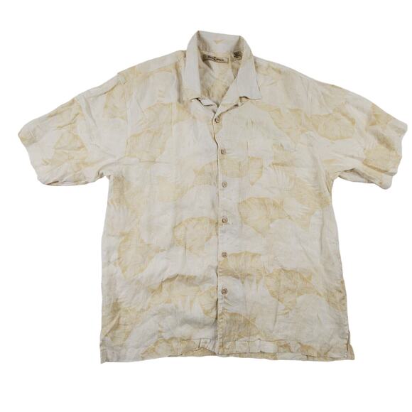 Tommy Bahama Short Sleeve Button Up Yellow Floral Embordered Linen Shirt Large - Picture 1 of 8